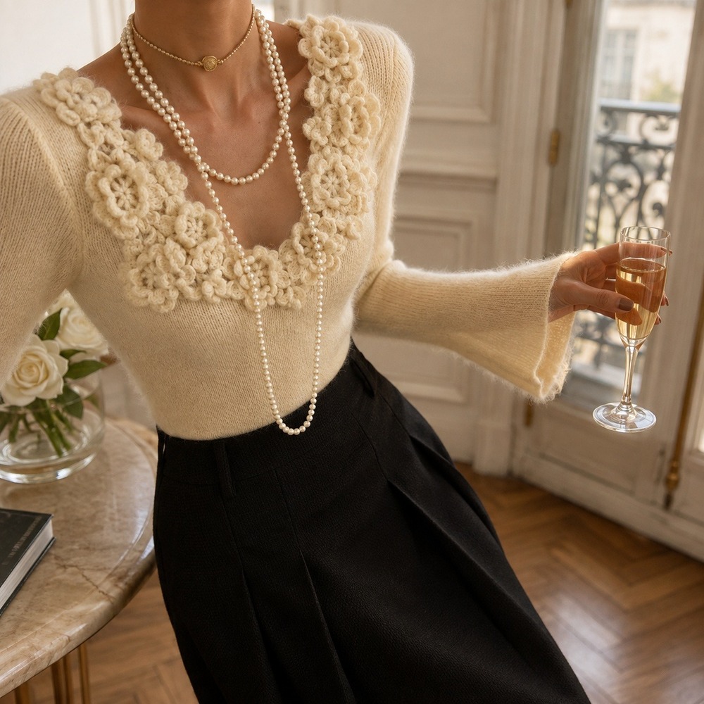 Commense Cream Crochet Knit Crop Sweater Floral Trim V-Neck Long Sleeve Top L